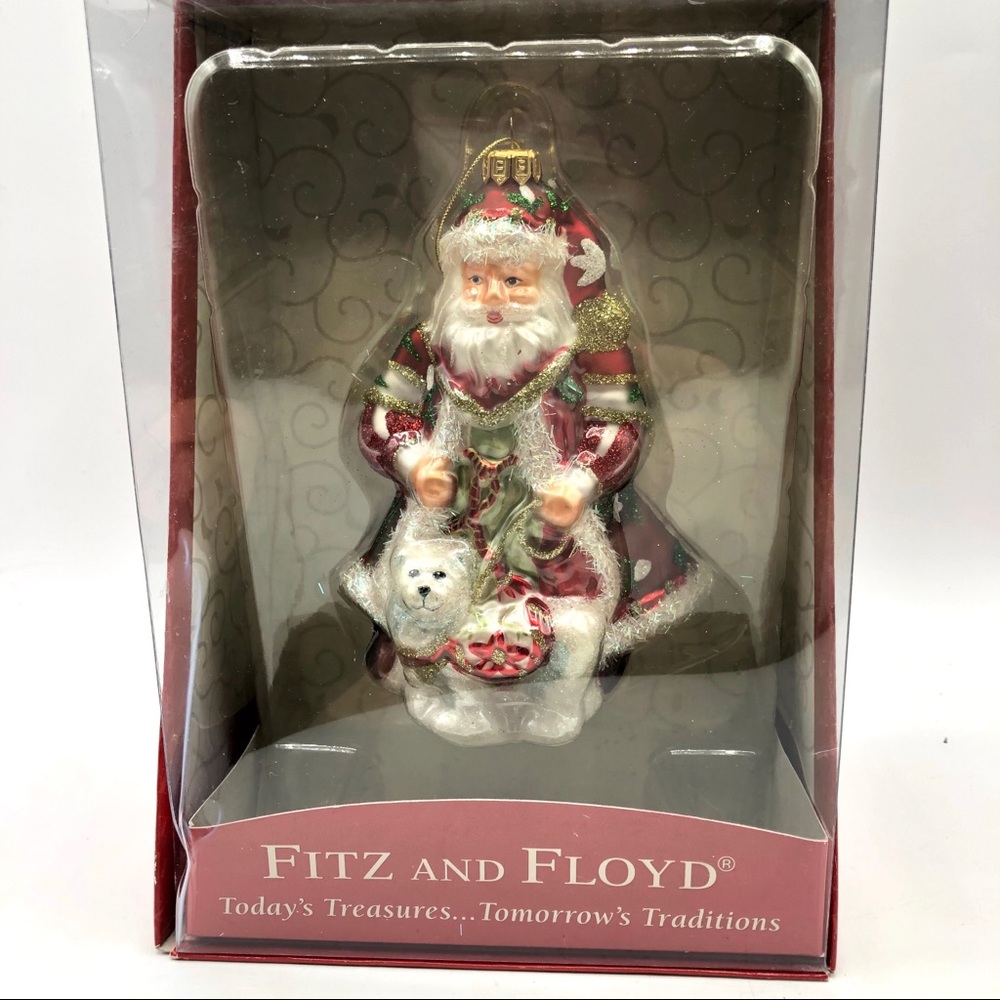 Fritz & Floyd Hand Blown Ornament  Santa with Dog  Red White, Glitter  5.5” tall